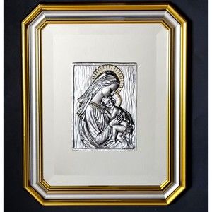 925K Sterling Blessed Mother & Child Mirror Wall Art Gold Tone Accents MCM Italy